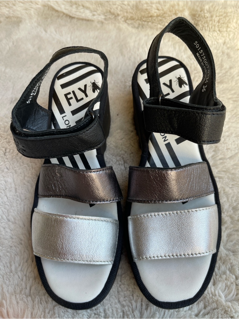 Fly London Women’s Bexy Platform Wedge in Silver /Mult Sandal Size 6